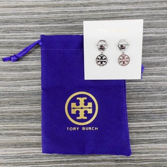 Tory Burch Hexagon Circle Logo Drop Earrings Silver OS - Picture 3 of 12